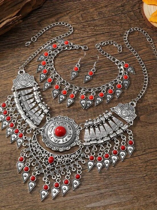 064 Silvery Red Tribal Jewelry Retro Design Necklace, Bracelet, and Earrings - Picture 1 of 1